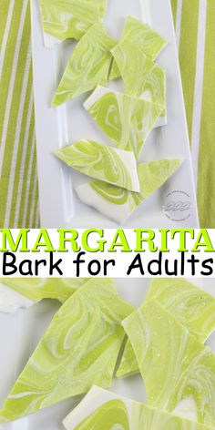 marbled paper leaves on a white plate with text overlay that reads margarita bark for adults