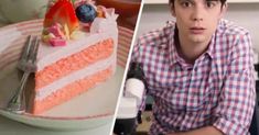 a man sitting in front of a cake on top of a table next to a bowl of fruit