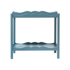 a small blue shelf with two shelves on each side and one shelf below the shelf