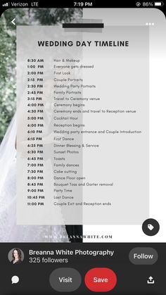 the wedding day time line is displayed on an iphone screen, and it appears to be taken