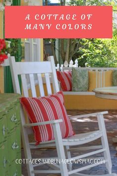 a white rocking chair sitting on top of a patio