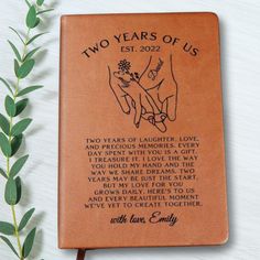 two years of us personalized leather journal with handwritten poem on front and back cover