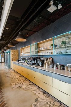 the interior of a restaurant with lots of counter space