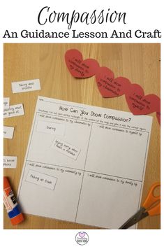 a table with paper hearts and scissors on it that says, comparison an guidance lesson and craft