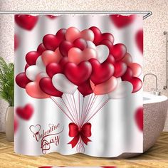 a shower curtain with red and white balloons in the shape of heart shaped hearts on it