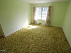 an empty room with carpeted floor and window