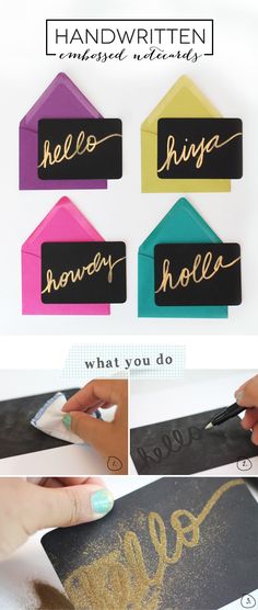 the instructions to make handwritten name tags with gold foil on black and white paper