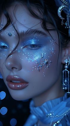 Eye Makeup Mermaid, Night Inspired Makeup, Blue Celestial Makeup, Space Themed Eye Makeup, Moon Face Makeup, Blue Galaxy Makeup, Celestial Fairy Makeup, Mystical Makeup Looks, Rain Makeup Look