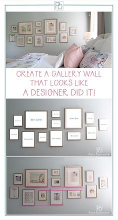 there is a collage of pictures on the wall with text overlay that reads create a gallery wall that looks like a designer did it