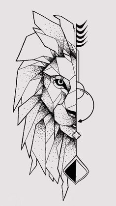 a black and white drawing of a lion's head with an arrow in its mouth