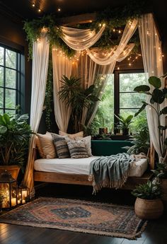 a bedroom with plants and lights hanging from the ceiling, bed in front of window