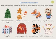 a christmas themed bucket list with pictures and words to describe it's holiday season