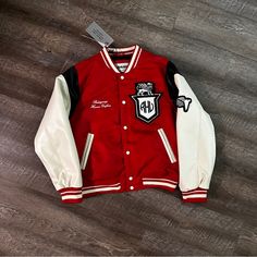 Zara Rhuigi Patches Varsity Jacket Rhu Varsity Jacket Size Large New With Tags White Varsity Jacket For Winter Workwear, White Fitted Varsity Outerwear, Fitted White Outerwear For College, Red Fitted Varsity Outerwear, Zara Rhuigi, Night Shift, Zara Jackets, Men's Jacket, Varsity Jacket