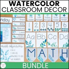 the watercolor classroom decor bundle includes numbers, leaves and letters for each student to use