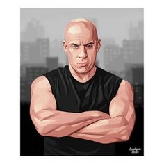 a bald man with his arms crossed in front of a cityscape, wearing a black t - shirt