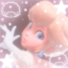 a cartoon girl with blue eyes and blonde hair is looking up at the stars in the sky