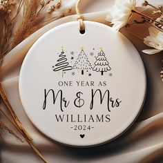 one year as mr and mrs personalized ornament with christmas trees on it