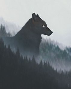 a painting of a wolf standing in front of a forest with fog and light coming from its eyes