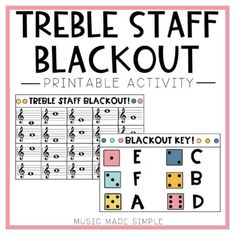 the treble staff blackout activity is shown with music notes and dices on it