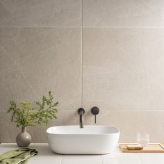 a white sink sitting on top of a counter next to a vase with a plant in it