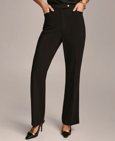 in stock Black Tailored Wide Leg Pants, Sleek Black Straight Pants, Classic Mid-rise Solid Pants, Black Stretch Wide Leg Pants In Classic Style, Black Mid-rise Pants For Business Casual, Tailored Straight Leg Black Work Pants, Elegant Straight Leg Bottoms In Solid Color, Classic Black Wide Leg Dress Pants, Elegant Mid-rise Fitted Work Pants