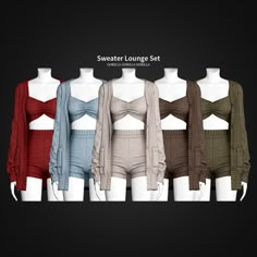 the sweater lounge set is available in four different colors and features long sleeves, open shoulders,