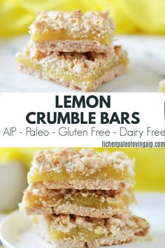 lemon crumble bars stacked on top of each other with the title above it