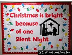 christmas is bright because of one silent night sign with lights around the nativity scene