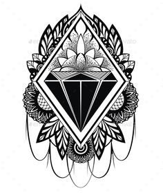 black and white drawing of a diamond surrounded by floral design elements on a white background