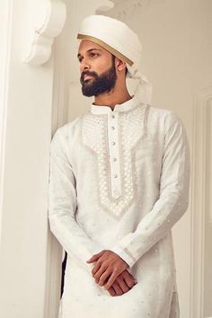 Shop for Nitesh Singh Chauhan White Chanderi Silk Embroidered Kurta Set for Men Online at Aza Fashions White Semi-stitched Sherwani With Mirror Work, Festive White Cotton Silk Sherwani, Transitional Season White Embroidered Traditional Wear, Cotton Kurta With Mirror Work For Wedding, White Chanderi Sherwani With Mirror Work, White Cotton Silk Sherwani With Zari Work, White Straight Kurta Sherwani With Embroidery, White Embroidered Straight Kurta Sherwani, White Embroidered Straight Sherwani