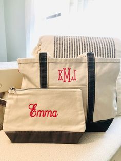 "We are in love with this Monogrammed Canvas Tote Bag. These boat totes make the perfect carry on bag for weekend vacations, or a great beach bag! Not only are these tote bags durable, but the natural water resisant qualities of canvas make it the perfect material for year-round use! These canvas totes are available in Large, Medium and Small, check them all out on our site! It makes for the most perfect gift for nearly every occation! Product details: 12\" H x 18\" W x 5.5\" D 1.95 lbs zip clos Personalized Cotton Canvas Travel Bag, Personalized Cotton Canvas Bag For Travel, Personalized Rectangular Canvas Bag, Personalized Rectangular Travel Canvas Bag, Personalized Gift Canvas Bag, Personalized Canvas Gift Bag, Personalized Canvas Tote, Boat Tote, 30 Gifts