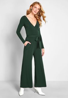 Elegant Everywhere Long Sleeve Jumpsuit | ModCloth Dark Green Jumpsuit, Vintage Style Swimwear, Casual Dresses Plus Size, Midi Dress Plus Size, Waist Sash, Jumpsuit Elegant, Vintage Swimwear, Green Jumpsuit, Midi Dress Casual