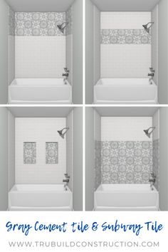 four different views of a bathtub and shower with the words gravy cement tile subway