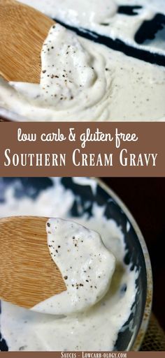 homemade southern cream gravy in a black and white bowl