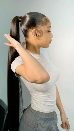 Outfits With A Ponytail, Jayda Cheaves Ponytail, Middle Part Mid Ponytail, Mid Straight Ponytail, Phony Pony Hairstyles, Long Straight Ponytail Black Women, Mid High Ponytail Black Women, Ponytail Black Girls Hairstyles, Slick Ponytail Hairstyles Black Women