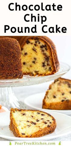 chocolate chip pound cake on a plate with the rest of the cake in the background