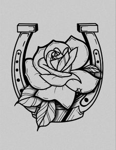 a black and white drawing of a rose on a horseshoe