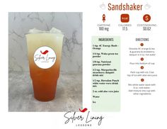 the menu for sandshaker is shown with an orange and white drink in it