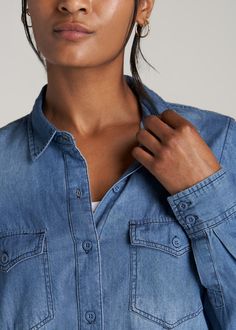 About Our Long Women's Denim Shirt This long women's denim shirt is a wardrobe must-have. This tall button-shirt offers the perfect blend of casual and chic that you can dress up or down depending on the occasion. We know how hard it is to find shirts for tall women, which is why we designed this shirt for tall ladies between 5'9” and 6'6” with extra-long sleeves and a curved sweep hem. It has a point collar, Western button closures on the double patch pockets and cuffs for added detail. We care Clothes For Tall Women, Taller Clothes, Jeans For Tall Women, Clothing For Tall Women, Womens Denim Shirt, Womens Denim, Extra Long Sleeves, Slim Fit Pants, Tall Women