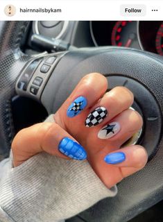 Checkered Chrome Nails, Zach Bryan Nails Design, Hot Wheels Nails, Blue Trendy Nails, Blue Checkered Nails, Retro Nails Vintage, Hard Nail Designs, Vaca Nails, Racing Nails