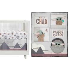 a baby crib bedding set with an image of the child