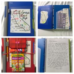 four different pictures of notebooks with writing on them, and an open book in the middle