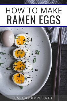 how to make ramen eggs on a white plate with chopsticks next to it