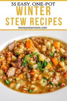 a white bowl filled with stew next to the words, 35 easy one pot winter stew recipes