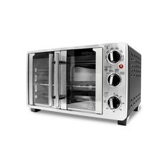 a toaster oven with the door open on a white background