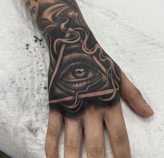 a person's hand with a tattoo on it and an eye in the middle