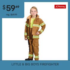 Dreams come true on Halloween, and this firefighter costume for kids is a wonderful way for your child to step into character and trick-or-treat as the hero he or she wants to be. The reflective stripes on the costume make it easy to spot your little one as he or she races through the neighborhood in search of goodies. Machine wash cold with garment inside out; tumble dry low. 95% cotton, 5% polyester. Includes:Tan jacket with fabric collar, zipper and touch fastener closure, and neon reflectiv… Costume Beige, Firefighter Costume, Costume For Kids, Tan Jacket, He Or She, Fabric Collars, The Neighborhood, Dreams Come True, Kids Costumes