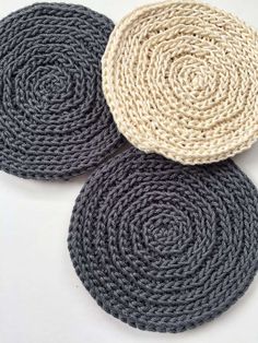 three crochet coasters with the words free crochet pattern on them