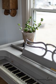 a potted plant sitting on top of a white piano in front of a window