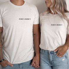 Have a special place you both share? Keep it close to your heart with this his and hers T-shirt.  Personalise it with the special location- whether it be where you had your first date, your hometown, your favourite city, this is a his and hers matching tshirt made just for you.  How it works: 1. Purchase the tshirt (S)  2. Send us the address of the location.  3. We'll find the coordinates and print them on the tshirt  - Bella and Canvas 3001  - Crew Neck - Comfy, unisex fit - His and Hers Fabri